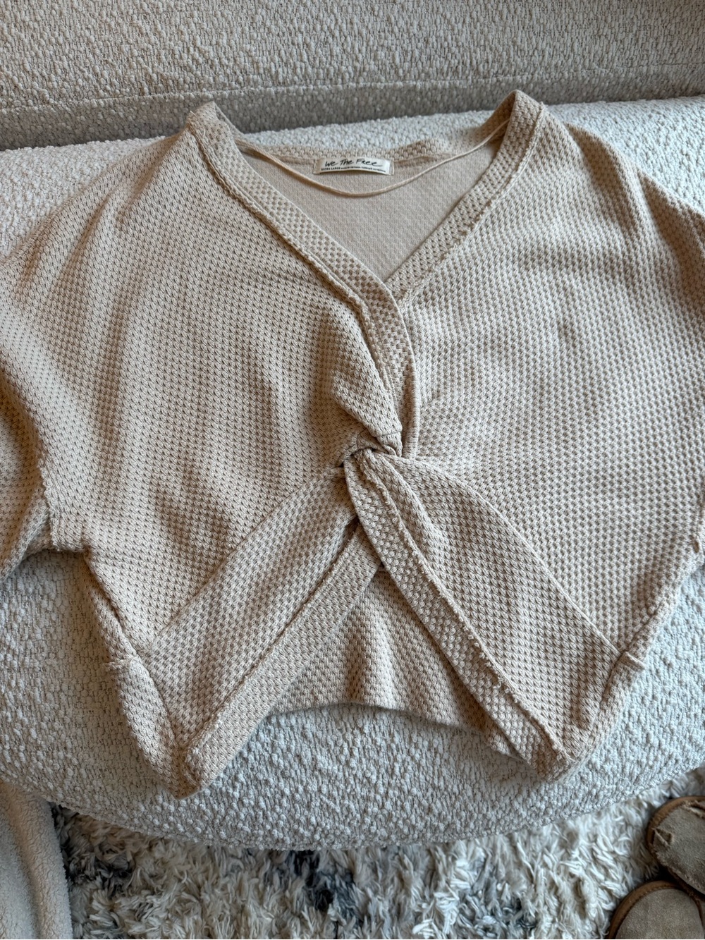 Free People Front Textured Cropped Sweater - Cream